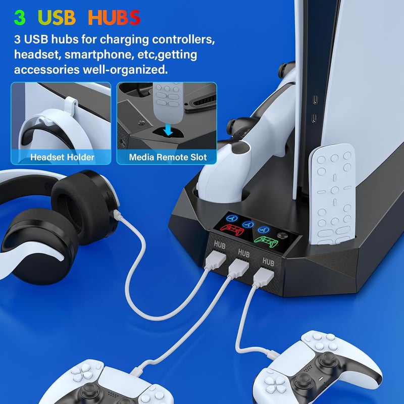 JAVRUNWOF PS5/Slim/Pro Cooling Station with Controller Charging Station for PlayStation 5 Slim/Pro Console, PS5 Cooling Stand Cooler Accessories Incl Cooling Fan, 3 USB Hubs, Headset Holder, Screw - Black - Image 4